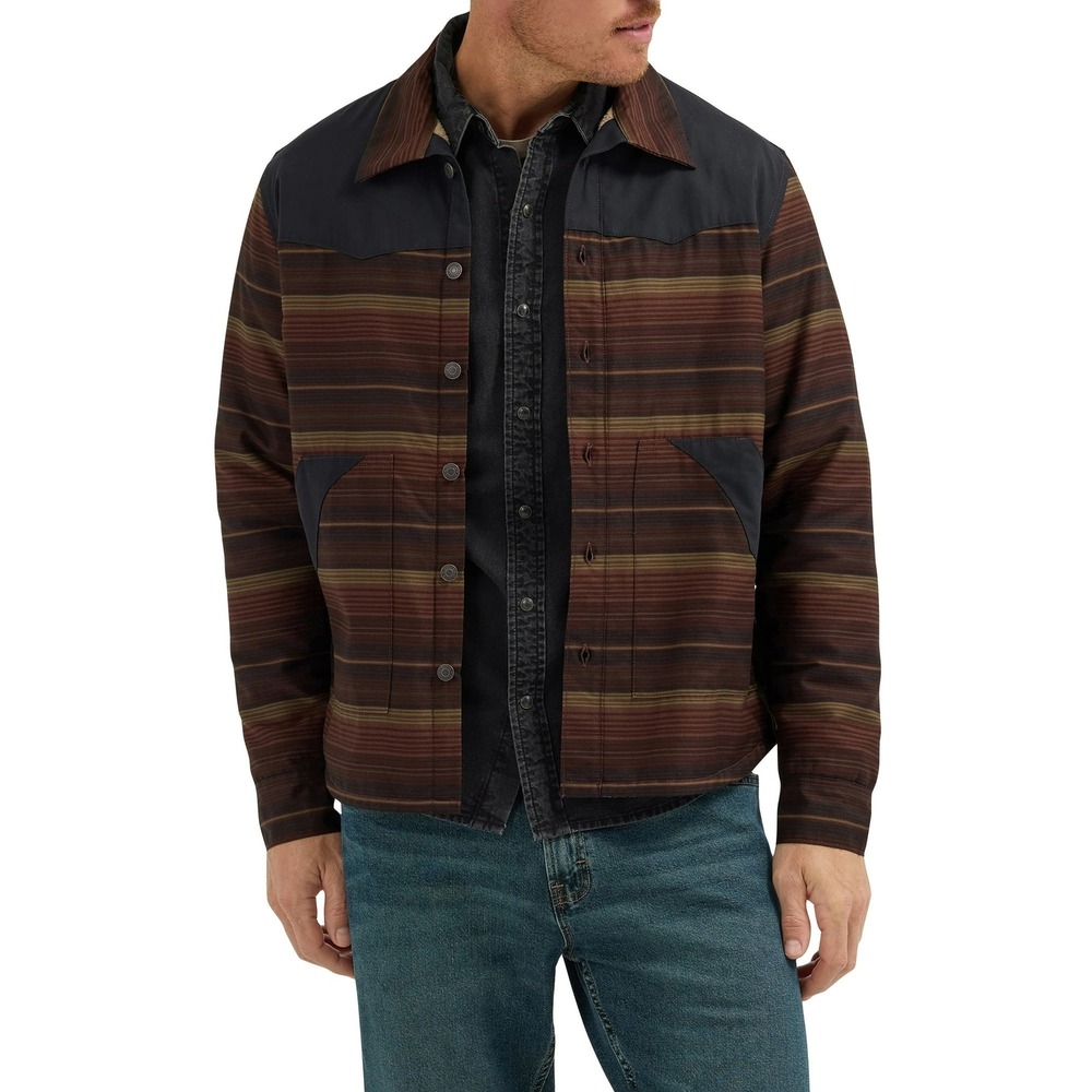 Wrangler Men Sherpa Lined Southwestern Striped Flannel Shirt Jacket Brown Size S